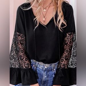 Contrast Lace Tie Neck Blouse